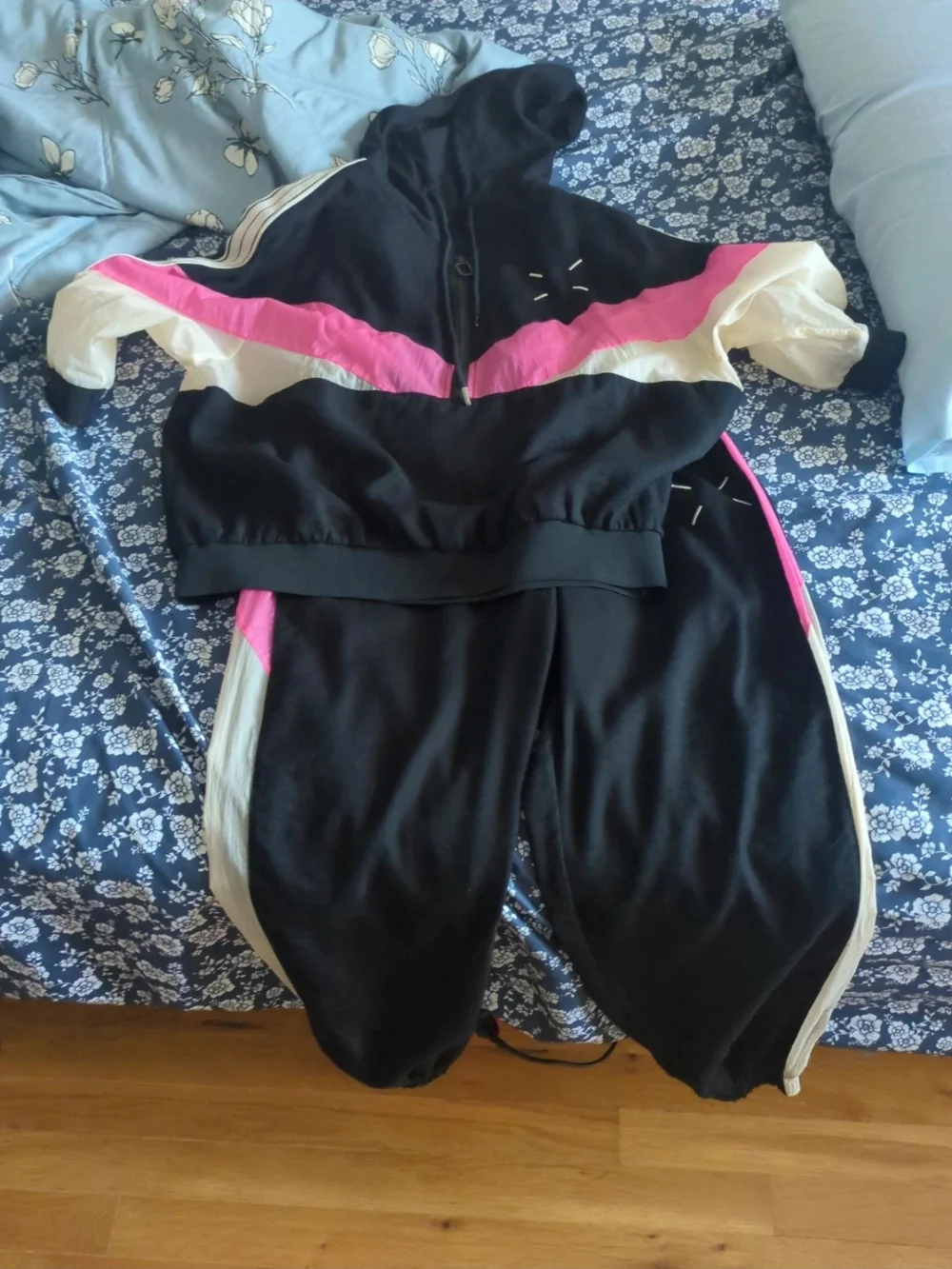 Women's Black and Pink Hooded Tracksuit Set